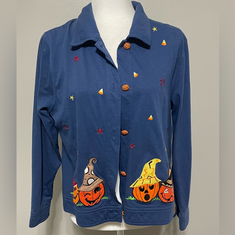 Onque Casuals Women's Pumpkin Buttons Halloween Large embroidered